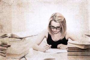 artwork  in retro style,  girl in the library